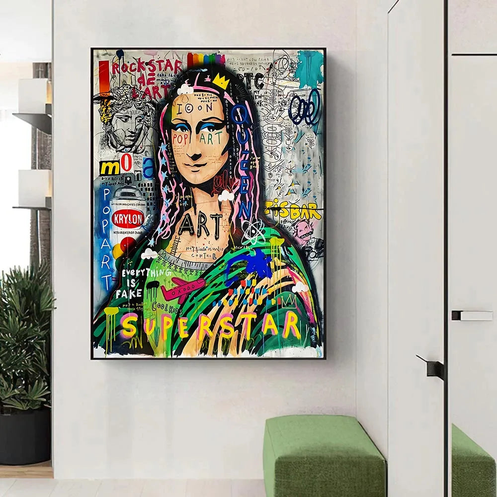 Modern Graffiti Art Mona Lisa Canvas Painting Poster and Prints Superstar Character Street Pop Art Wall Pictures for Home Decor