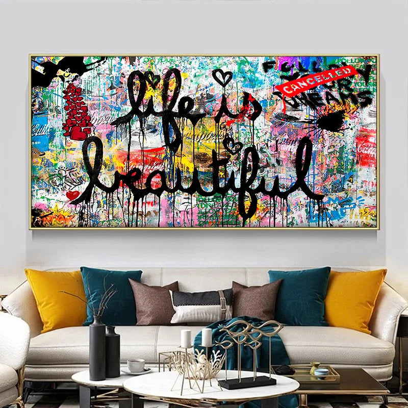 Street Graffiti Art Life Is Beautiful Positive Quotations Canvas Painting Print Poster Graffiti Artwork Wall Picture Home Decor