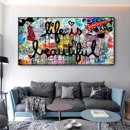 Street Graffiti Art Life Is Beautiful Positive Quotations Canvas Painting Print Poster Graffiti Artwork Wall Picture Home Decor