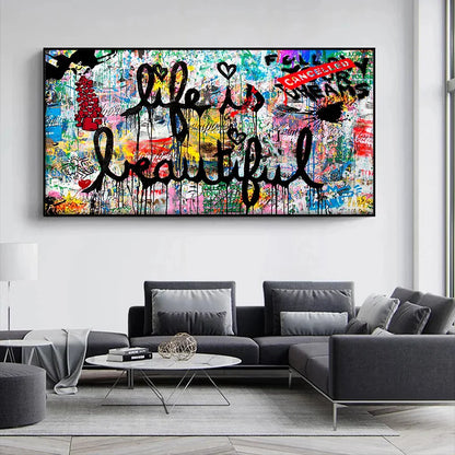 Street Graffiti Art Life Is Beautiful Positive Quotations Canvas Painting Print Poster Graffiti Artwork Wall Picture Home Decor