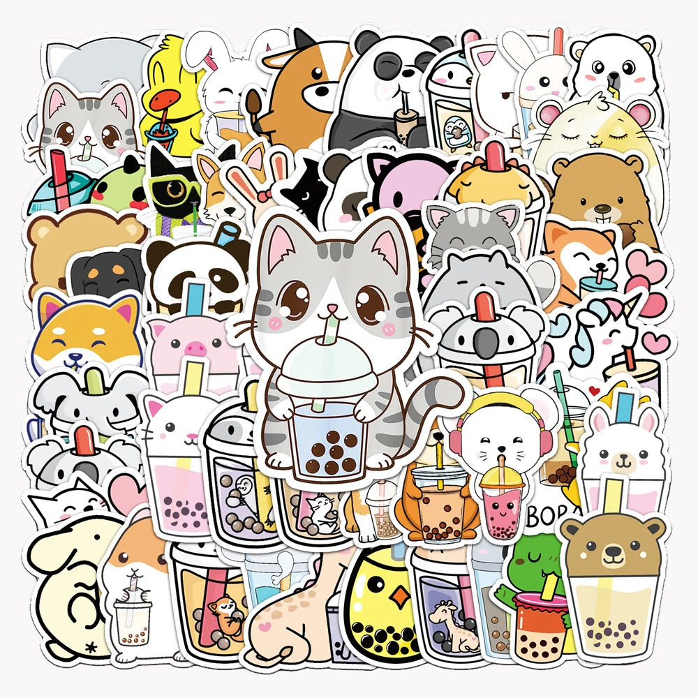 50-Piece Set Of Cute Animal Milk Tea Graffiti Stickers Cartoon Creative Stickers Guitar Computer Car Waterproof Personalized Dec