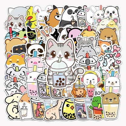 50-Piece Set Of Cute Animal Milk Tea Graffiti Stickers Cartoon Creative Stickers Guitar Computer Car Waterproof Personalized Dec