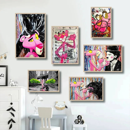 Miniso Disney Pink Panther Art Canvas Graffiti Print Wall Arts Painting Poster Living Room And Home Decoration Children's Gifts