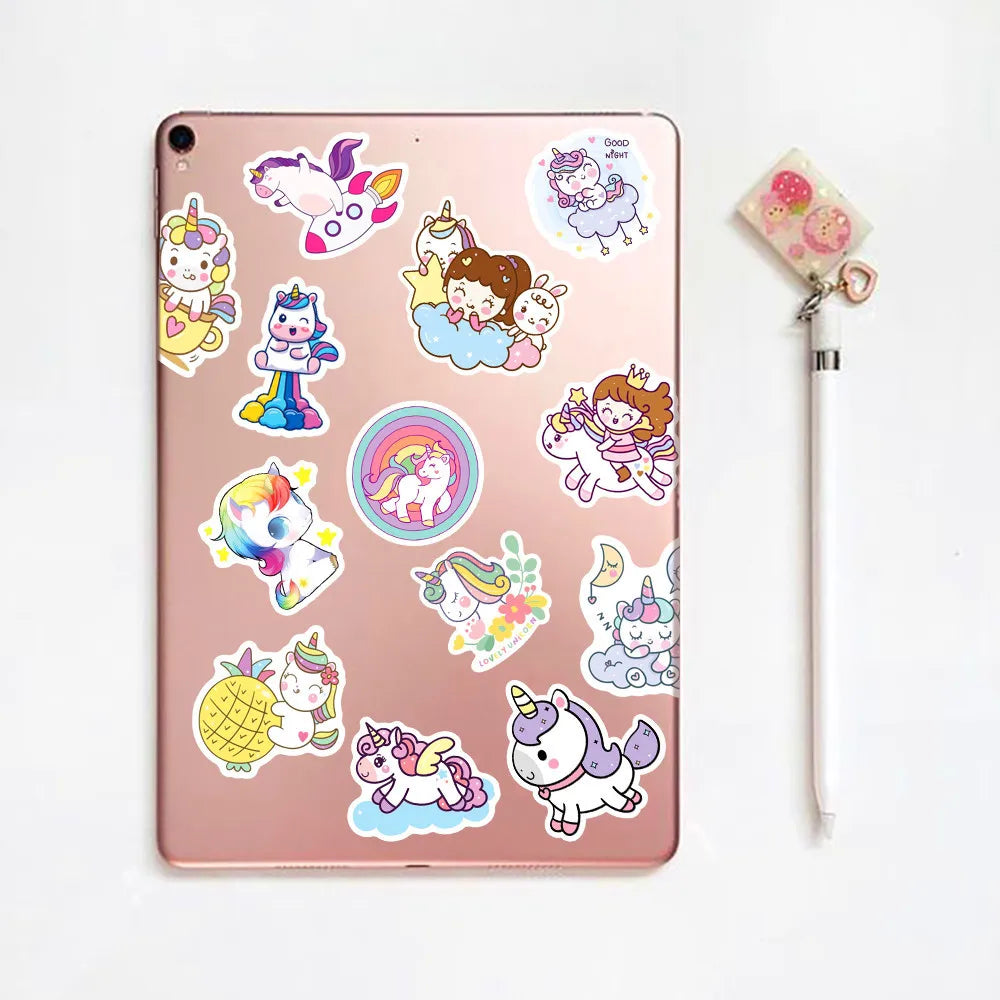 50/100pcs Cute Cartoon Unicorn Stickers for Laptop Luggage Phone Car Scooter Funny Vinyl Decal for Kids Girl Children Gift