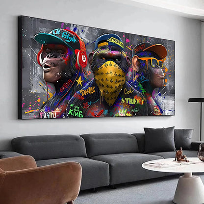 Graffiti Three monkey Wall Art Poster Animal Pop Mural Modern Home Decor Canvas Painting Picture Prints Living Room Decoration