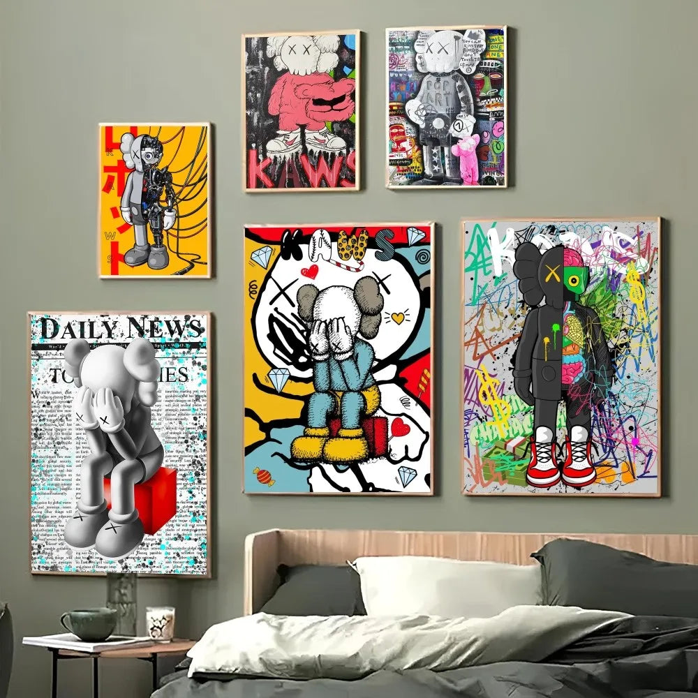 1PC Cartoon Abstract Graffiti Anda Pop Cute Bear Poster Paper Waterproof HD Sticker Bedroom Entrance Home Living Room Wall Decor