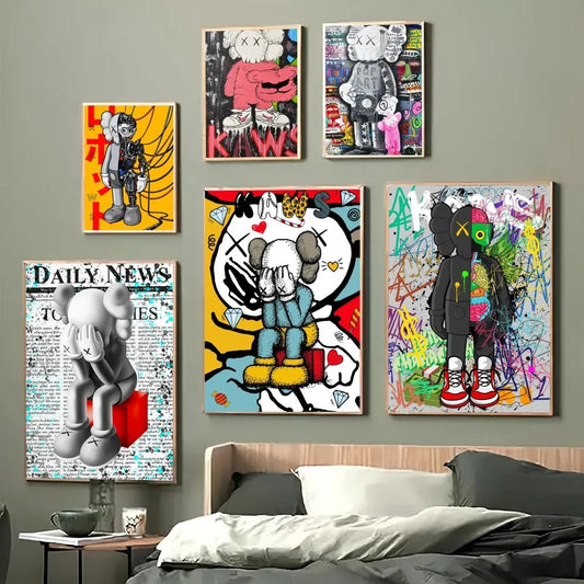 1PC Cartoon Abstract Graffiti Anda Pop Cute Bear Poster Paper Waterproof HD Sticker Bedroom Entrance Home Living Room Wall Decor