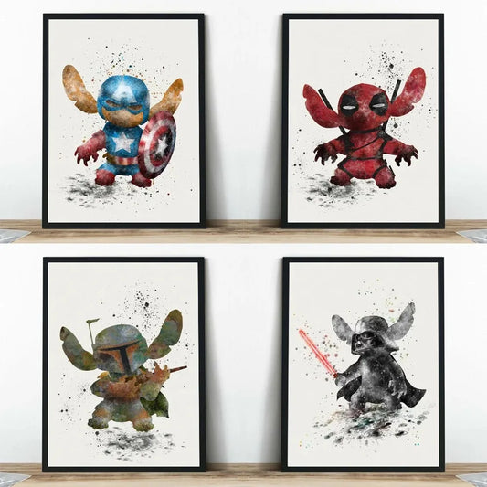 Watercolor Graffiti Art Prints Deadpool Lilo And Stitch Poster Funny Disney Cute Monster Canvas Wall Painting For Living Room