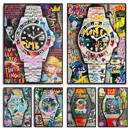 Wall Art Watch Pop Art Posters and Prints Time Is Money Watch Motivational Canvas Painting Street Graffiti Mural for Home Decor