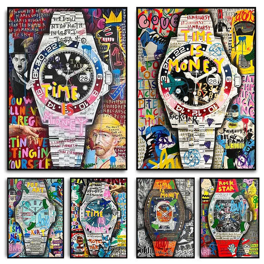 Wall Art Watch Pop Art Posters and Prints Time Is Money Watch Motivational Canvas Painting Street Graffiti Mural for Home Decor