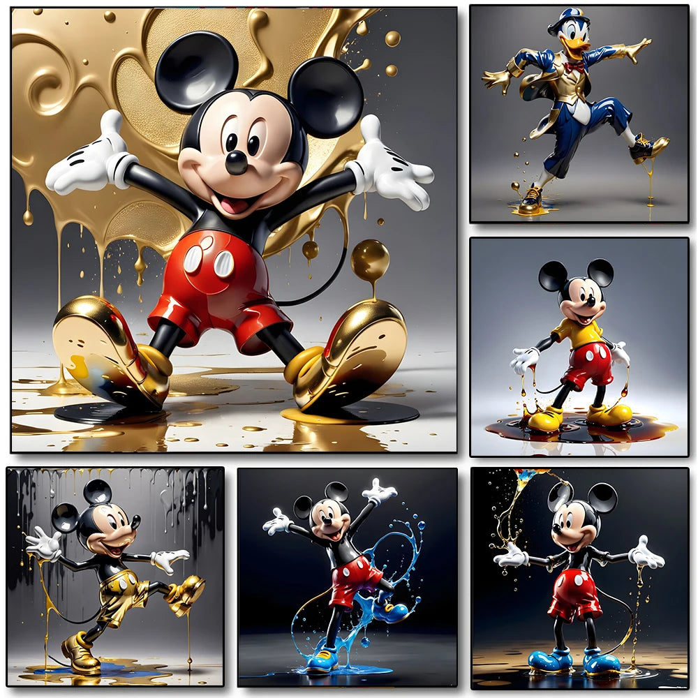 Disney Mickey Mouse 3D Pose Black and Gold Coin Money Cartoon Poster Prints Wall Art Canvas Painting Bedroom Gift Decor Pictures