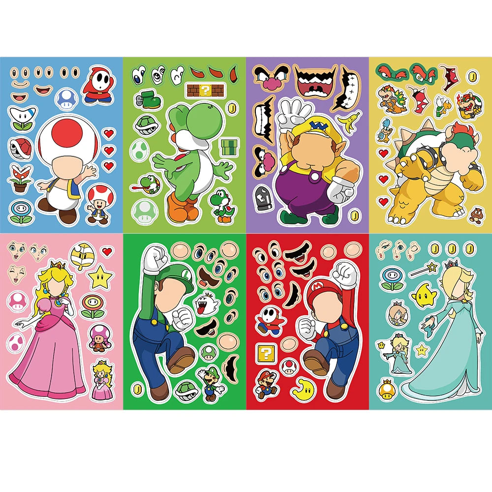 32Sheets Children DIY Puzzle Sticker Mario Face Funny Anime Cartoon Assemble Stickers Kids Toys Boys Girls Gifts