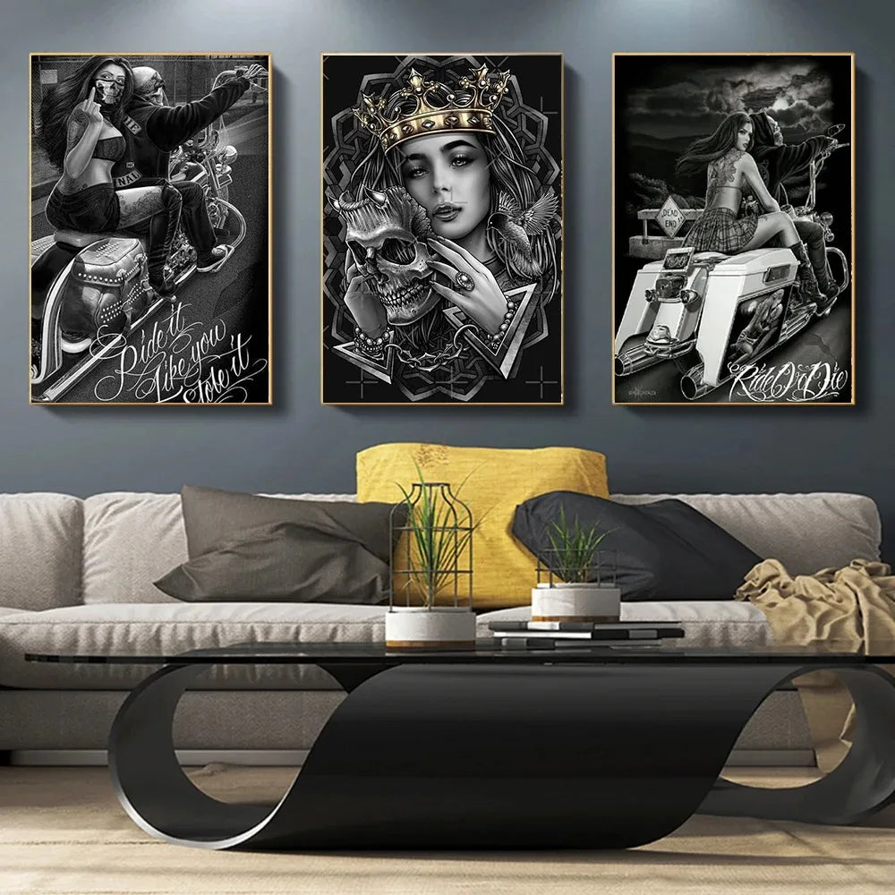 Graffiti Tattoos Knight Black and White Poster on The Wall Art Print Canvas Painting Chicano Culture Rebellious Girl Room Decor