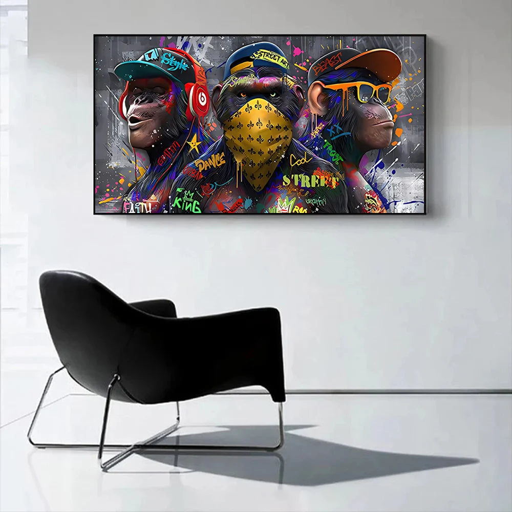 Graffiti Three monkey Wall Art Poster Animal Pop Mural Modern Home Decor Canvas Painting Picture Prints Living Room Decoration