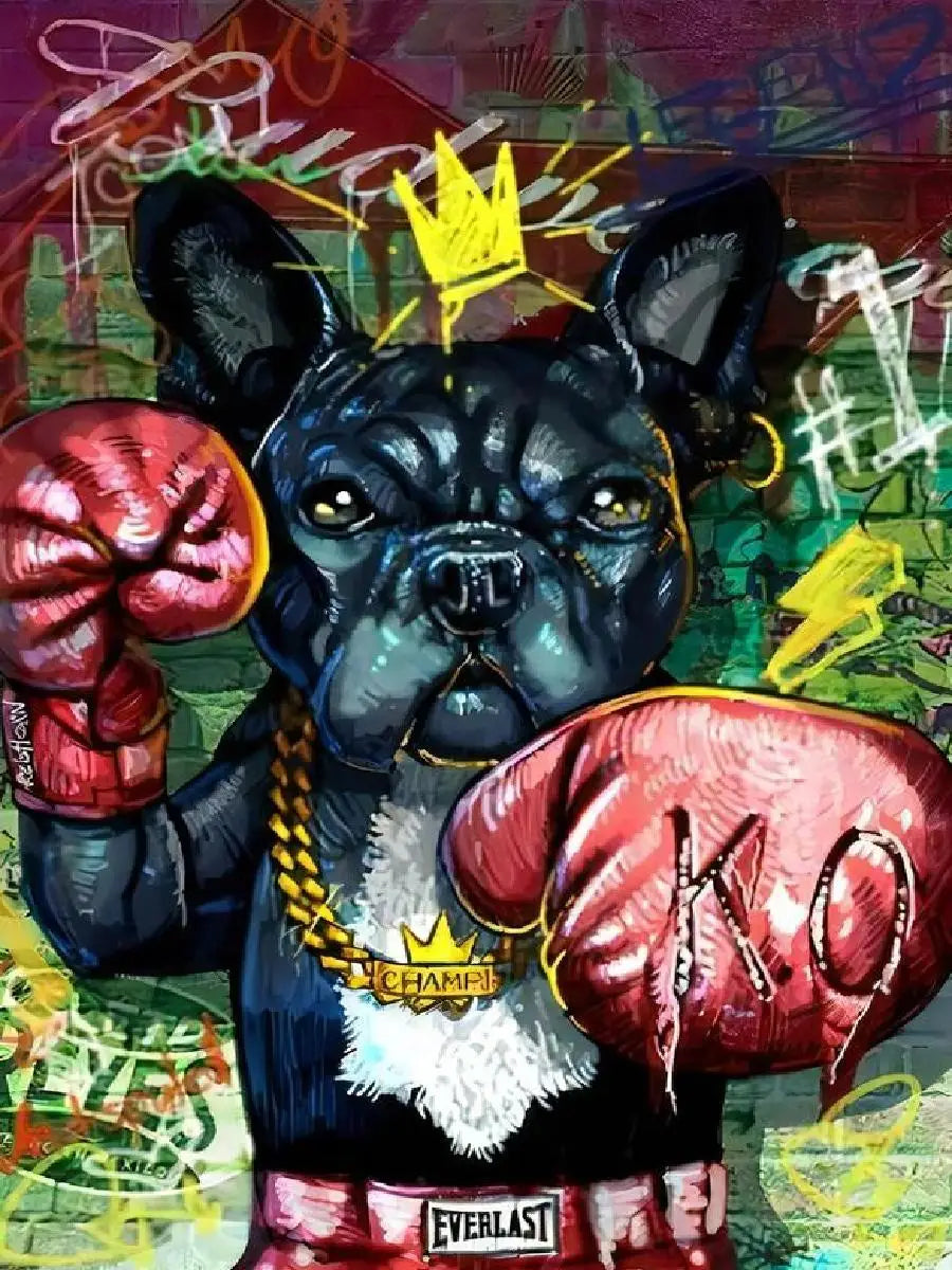 Boxer Dog Graffiti Canvas Print  Humorous Boxing Bulldog Wall Art Poster for Living Room Decor