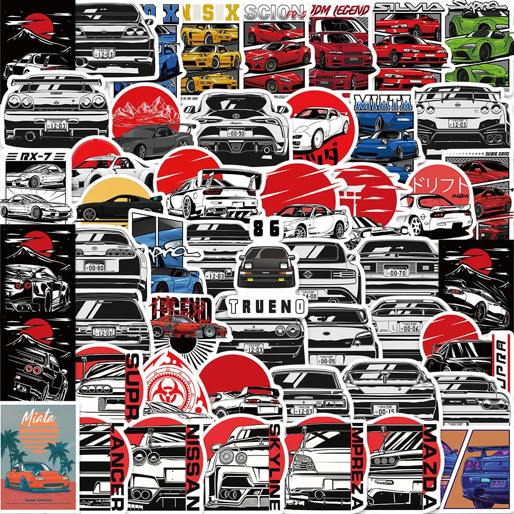 50PCS Japan JDM Racing Car Anime Graffiti Sticker  Laptop Motorcycle Car Skateboard Waterproof Decal Kids Toy Gift Sticker