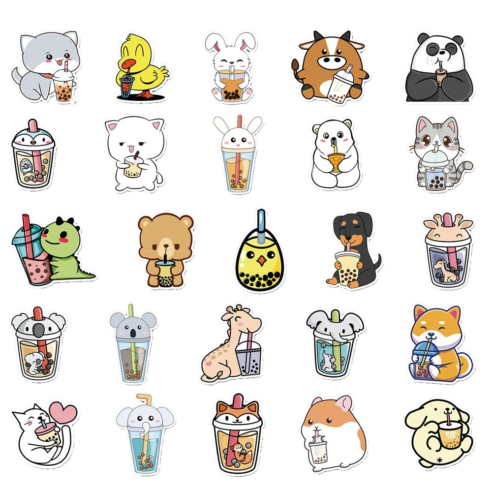 50-Piece Set Of Cute Animal Milk Tea Graffiti Stickers Cartoon Creative Stickers Guitar Computer Car Waterproof Personalized Dec