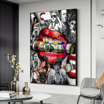 Graffiti Abstract Banknote Mouth Sexy Woman Smoking Wall Art Poster Prints Home Living Room Decor Canvas Painting Mural Pictures