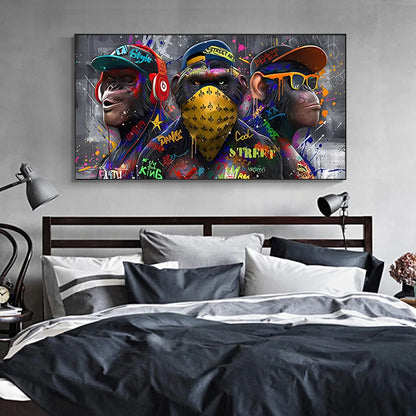 Graffiti Three monkey Wall Art Poster Animal Pop Mural Modern Home Decor Canvas Painting Picture Prints Living Room Decoration