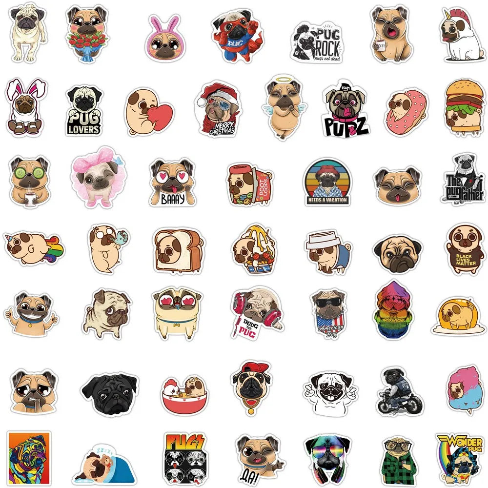 50pcs Funny Animal Dog Pug Stickers Kawaii Stationery Scrapbooking Phone Laptop Guitar Graffiti Puppy Decal Sticker Pets Toy