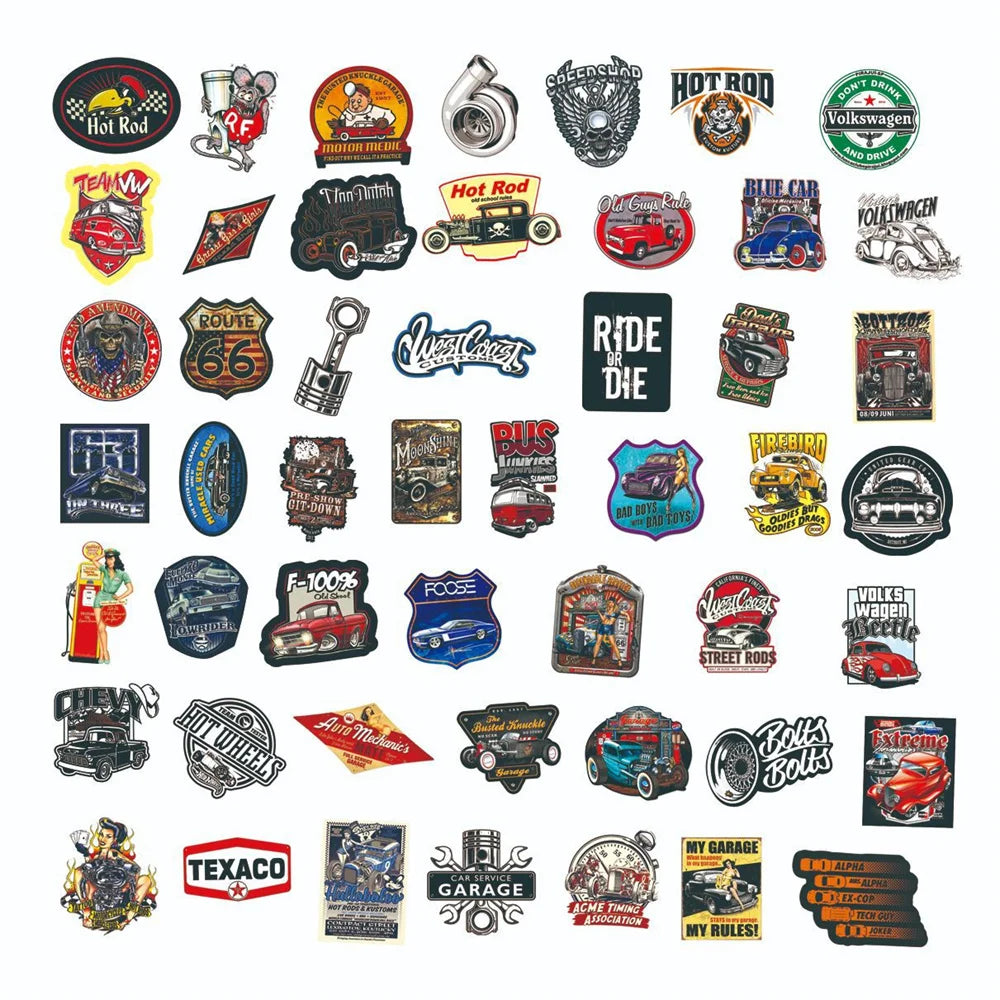 50PCS Cartoon Retro Car Personalized Graffiti Creative Helmet Sticker Toy Skateboard Guitar Mobile Phone Refrigerator Decoration