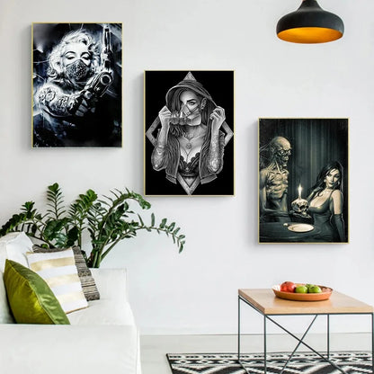 Graffiti Tattoos Knight Black and White Poster on The Wall Art Print Canvas Painting Chicano Culture Rebellious Girl Room Decor