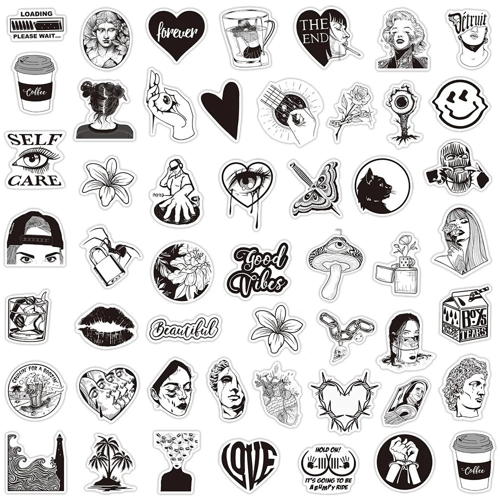 50pcs Graffiti Black and White Art Styling Stickers Laptop Luggage Phone Case Guitar Fridge Car Motorcycle Cool Ins Decals