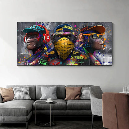 Graffiti Three monkey Wall Art Poster Animal Pop Mural Modern Home Decor Canvas Painting Picture Prints Living Room Decoration