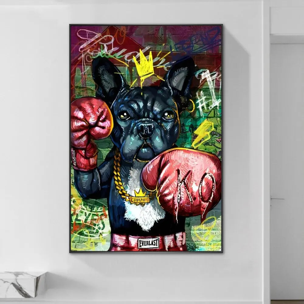 Boxer Dog Graffiti Canvas Print  Humorous Boxing Bulldog Wall Art Poster for Living Room Decor