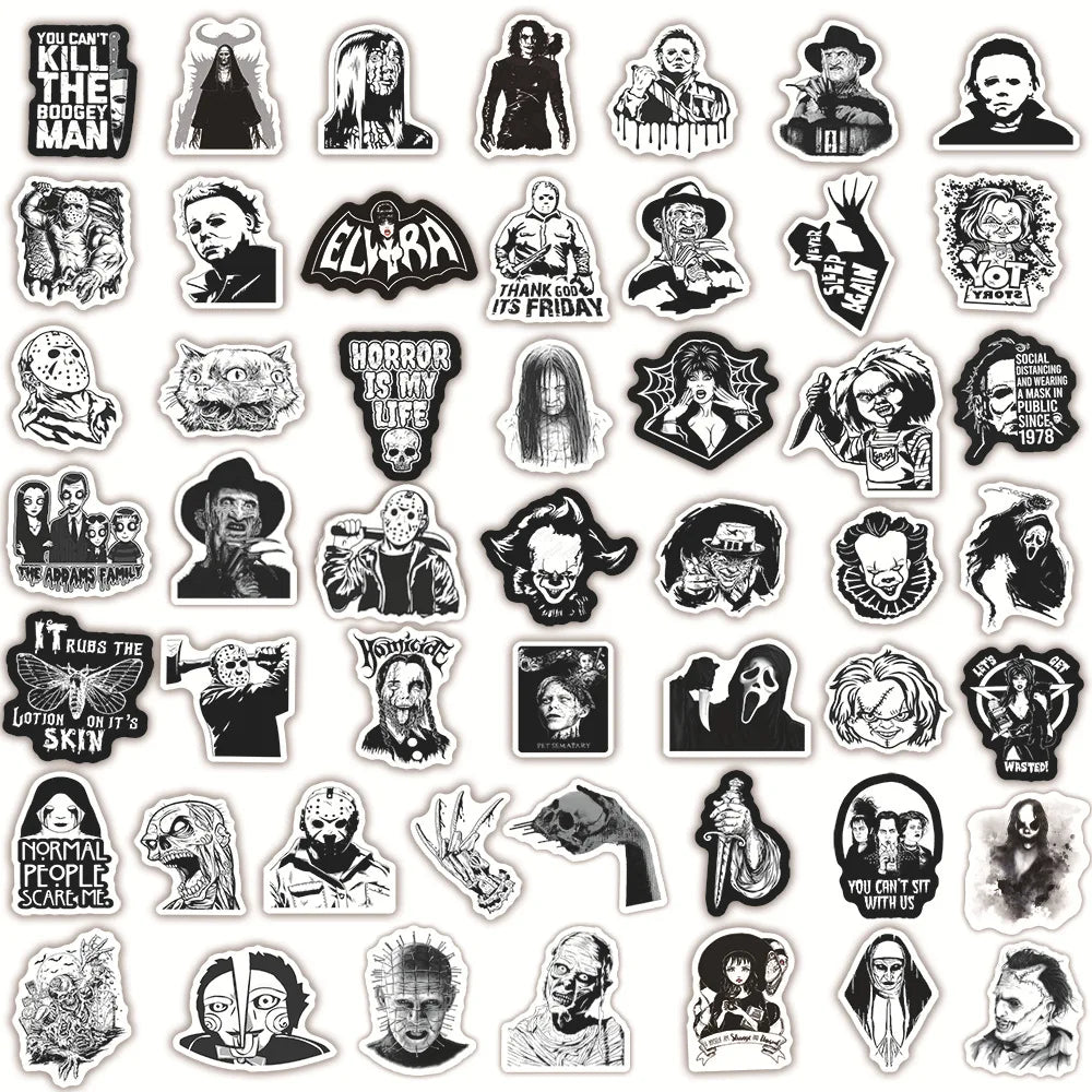 10/20/50pcs Cool Black White Thriller Horror Movie Stickers DIY Toys Car Skateboard Guitar Luggage Decal Sticker Waterproof