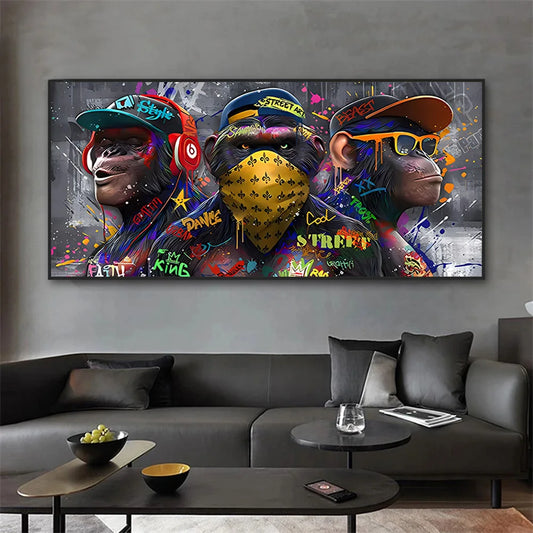 Graffiti Three monkey Wall Art Poster Animal Pop Mural Modern Home Decor Canvas Painting Picture Prints Living Room Decoration