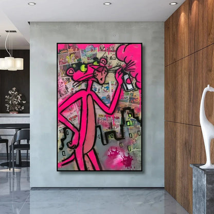 Miniso Disney Pink Panther Art Canvas Graffiti Print Wall Arts Painting Poster Living Room And Home Decoration Children's Gifts