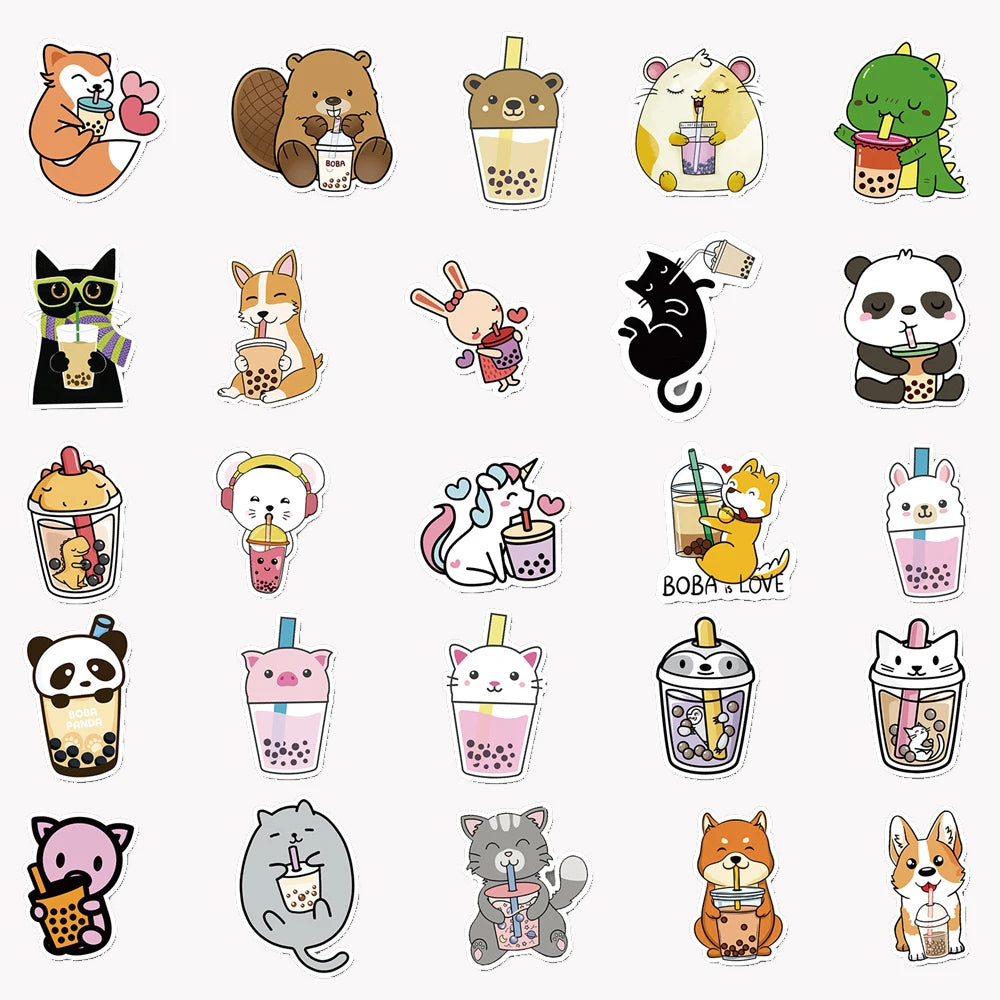 50-Piece Set Of Cute Animal Milk Tea Graffiti Stickers Cartoon Creative Stickers Guitar Computer Car Waterproof Personalized Dec