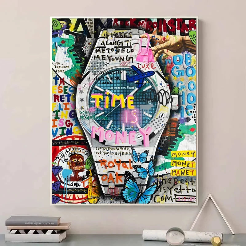 Wall Art Watch Pop Art Posters and Prints Time Is Money Watch Motivational Canvas Painting Street Graffiti Mural for Home Decor