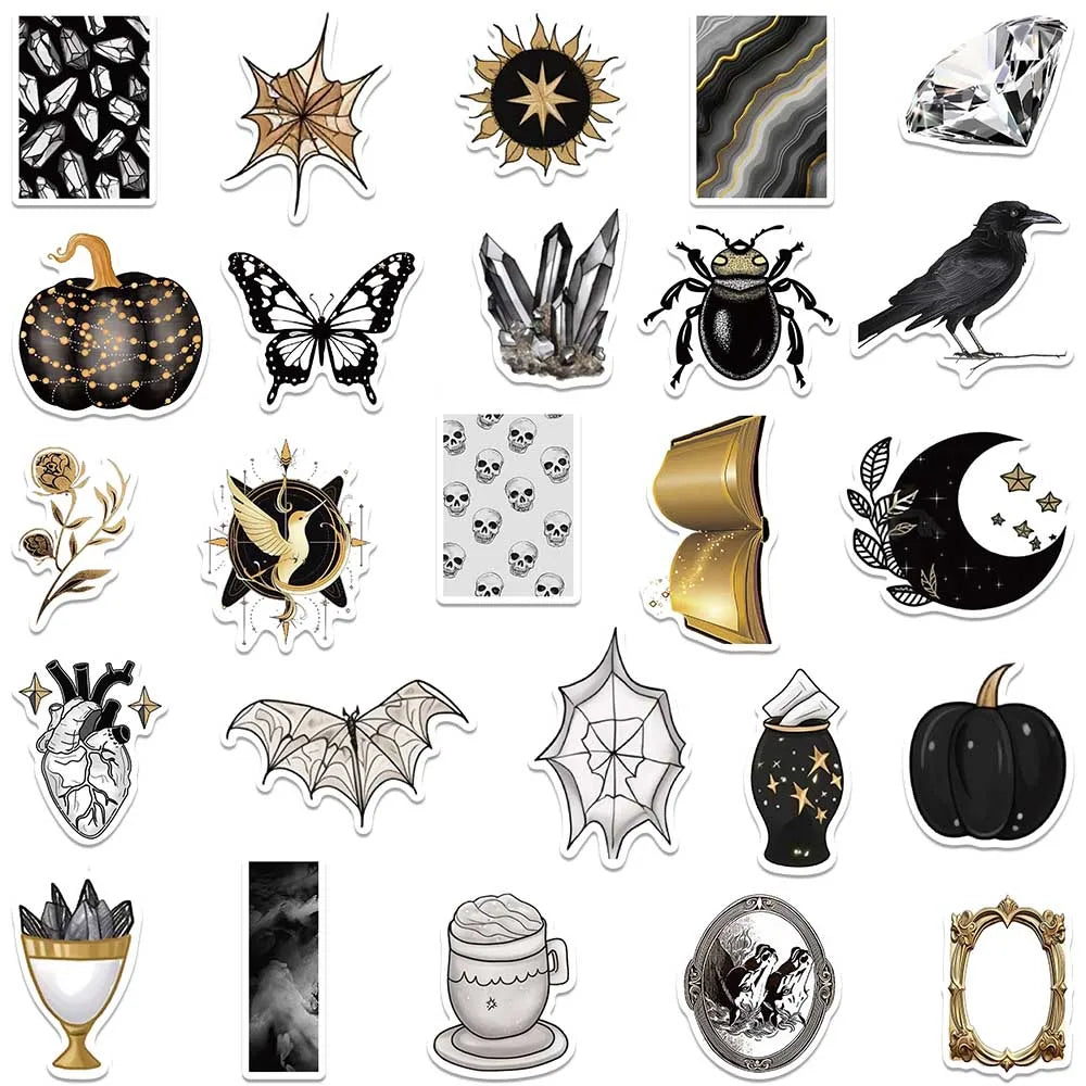 50pcs Black Gold Series Gothic Style Stickers Aesthetic Graffiti Decals Laptop Luggage Skateboard Scrapbook Diary Stickers