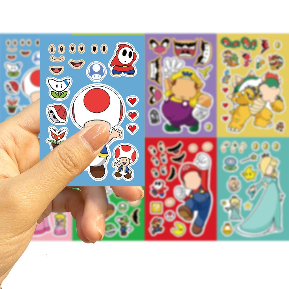 32Sheets Children DIY Puzzle Sticker Mario Face Funny Anime Cartoon Assemble Stickers Kids Toys Boys Girls Gifts